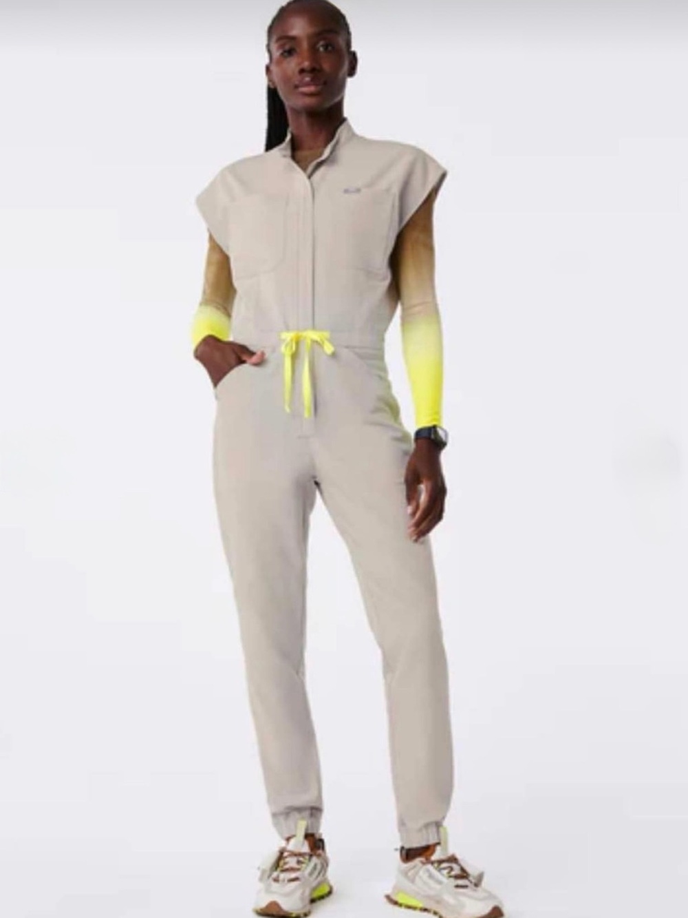 FIGS Rafaela Jogger ScrubJumpsuit Bone/Yellow Size Large